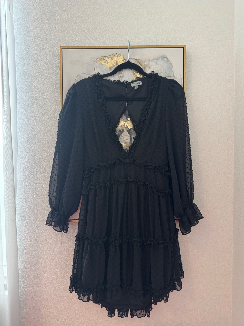 6/14 J for Justify Black Swiss Dot Tiered Mini Dress